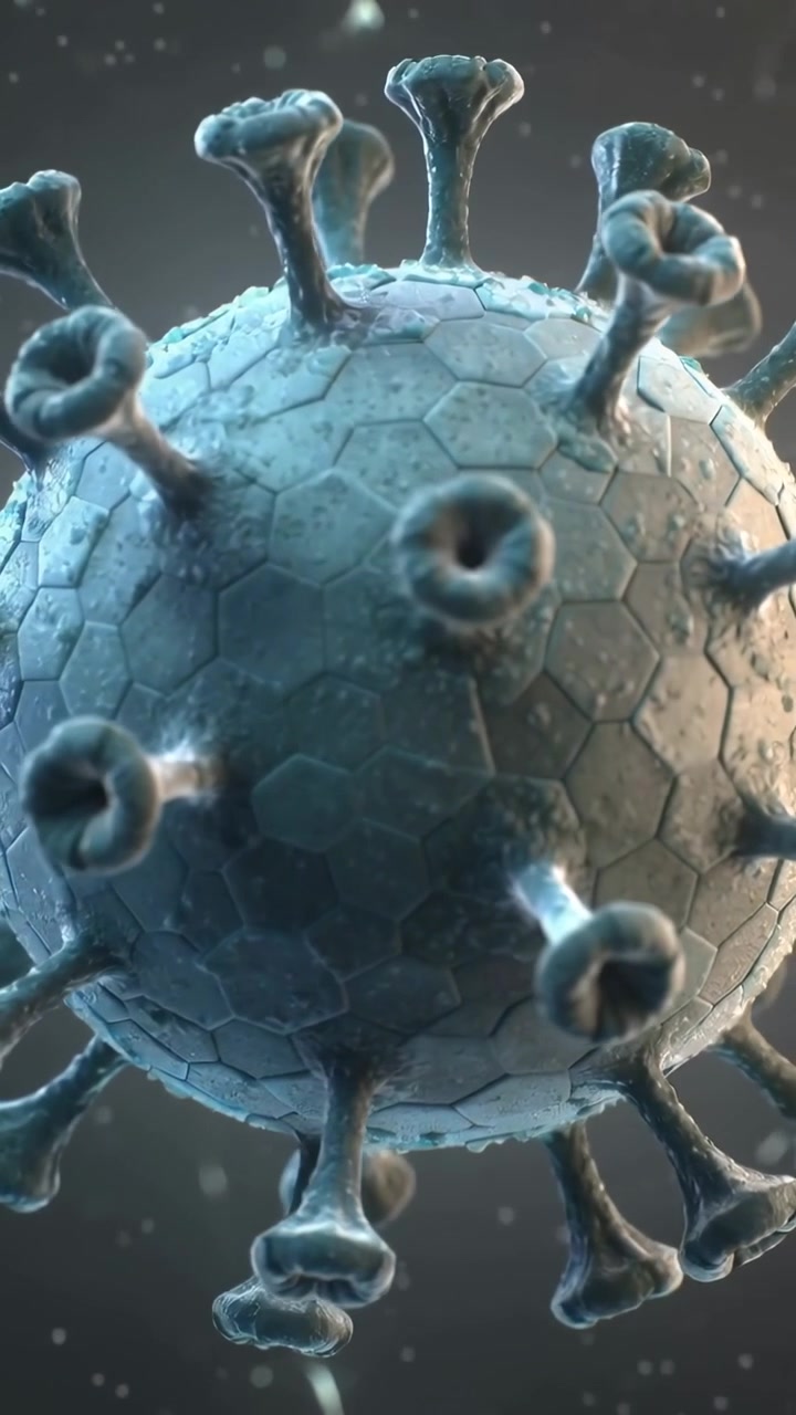 Video verticale: Sequenza che inizia con un virus rotante che rivela placche esagonali tra detriti fluttuanti.
