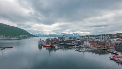 View-of-a-marina-in-Tromso,-North-Norway