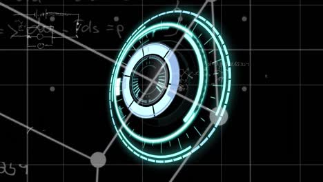 Animation-of-neon-round-scanner-over-mathematical-equations-against-black-background