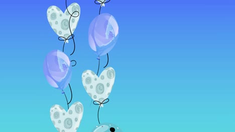 Animation-of-purple-balloons-and-hearts-with-copy-space-on-blue-background