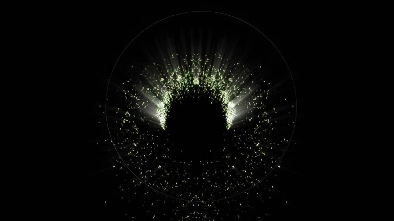 círculos blancos pulsantes en un fondo oscuro con escamas de oro