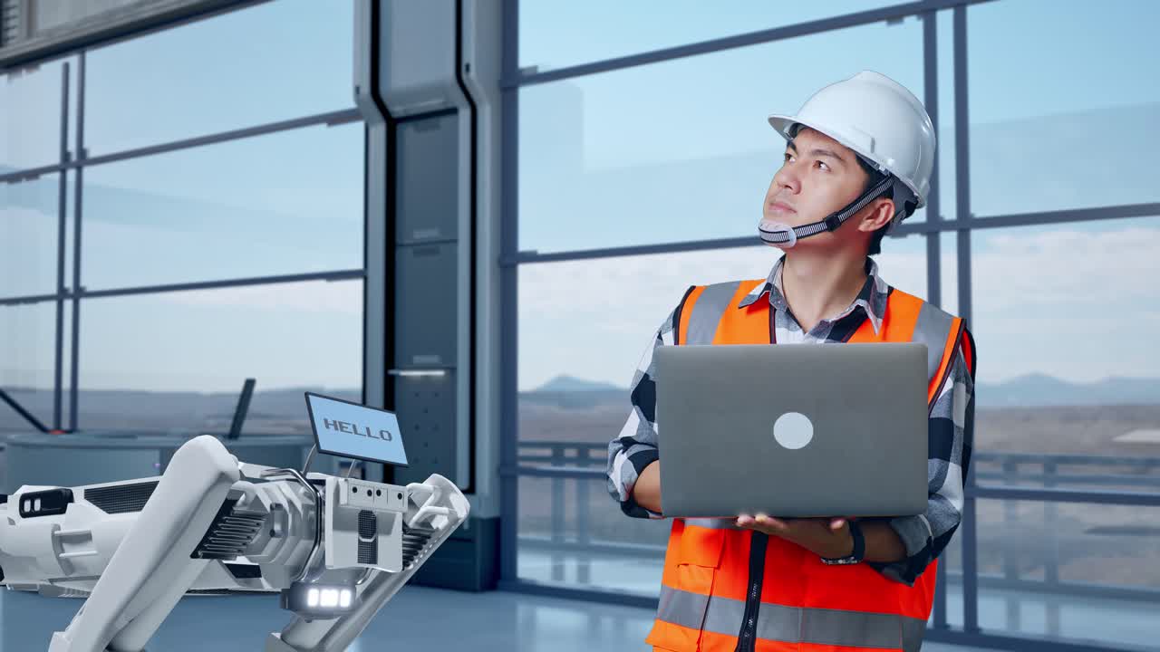 안전 헬을 입은 아시아 남성 엔지니어가 노트북을 보고 하이테크 공장에서 로 기계 개념을 분석하는 동안 주변을 둘러보고 있습니다.