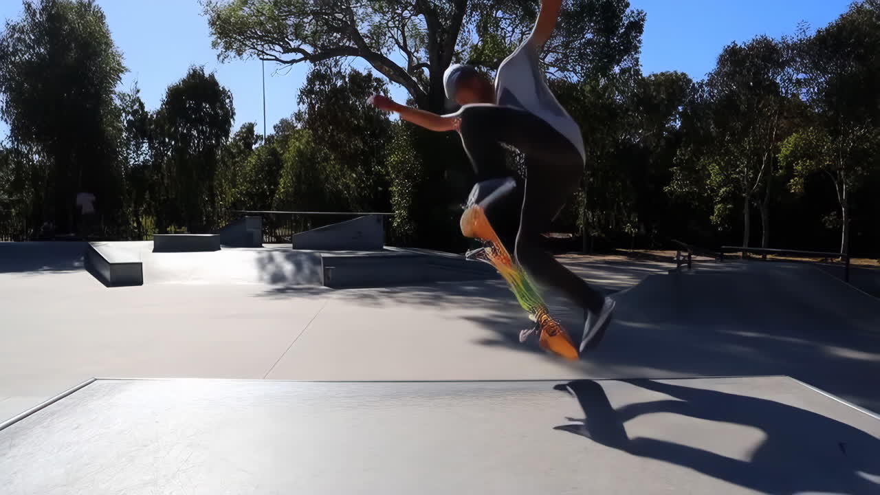 Skateboarder performing tricks and riding at an outdoor skatepark