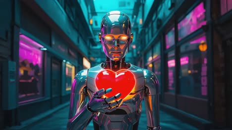 robot holding a glowing heart in a cyberpunk setting