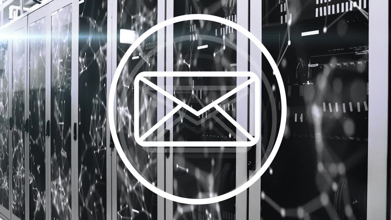 Animation of email icon hovering above network servers with digital connections
