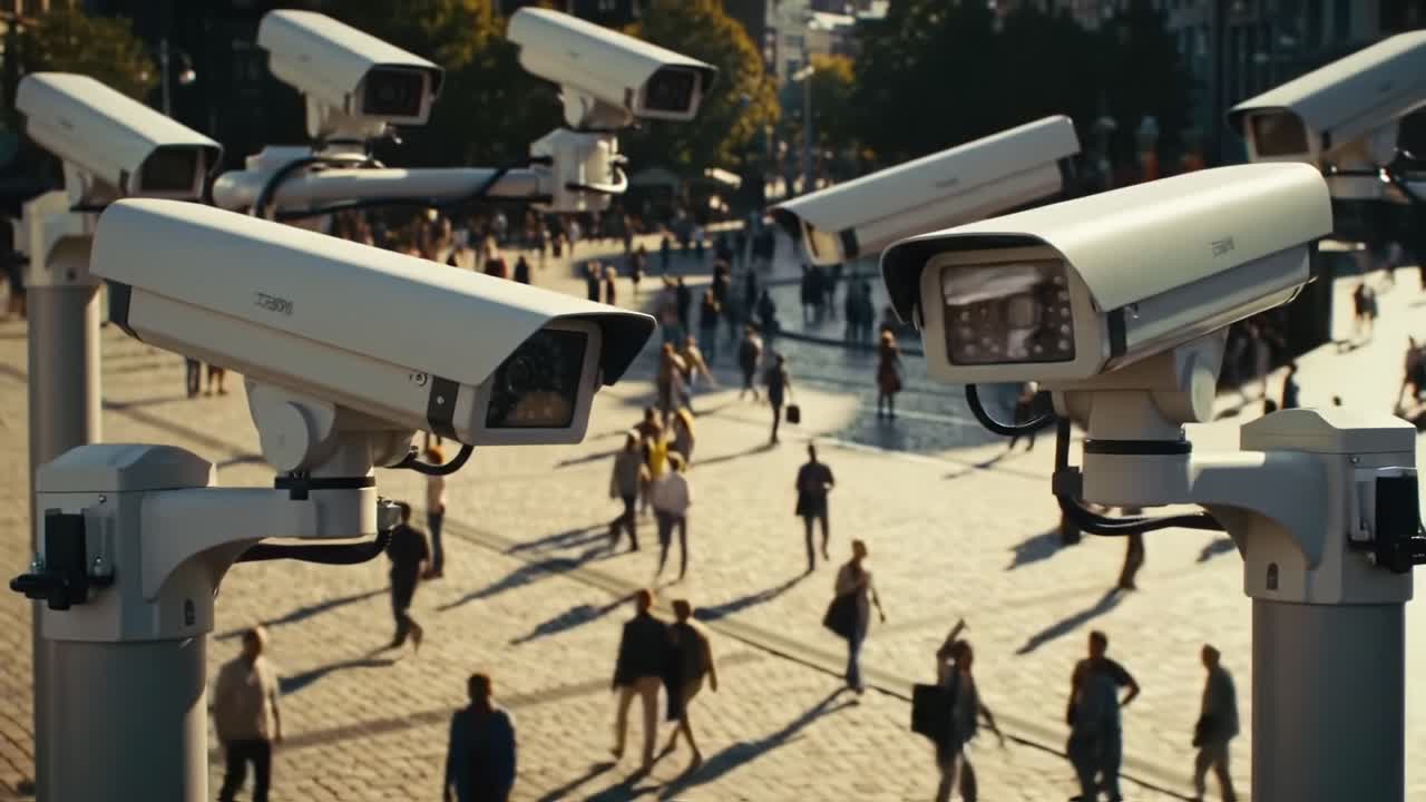 Surveillance Cameras Overlooking a Busy Public Square Capturing the Everyday Life and Movement of People in a City Environment During Sunset