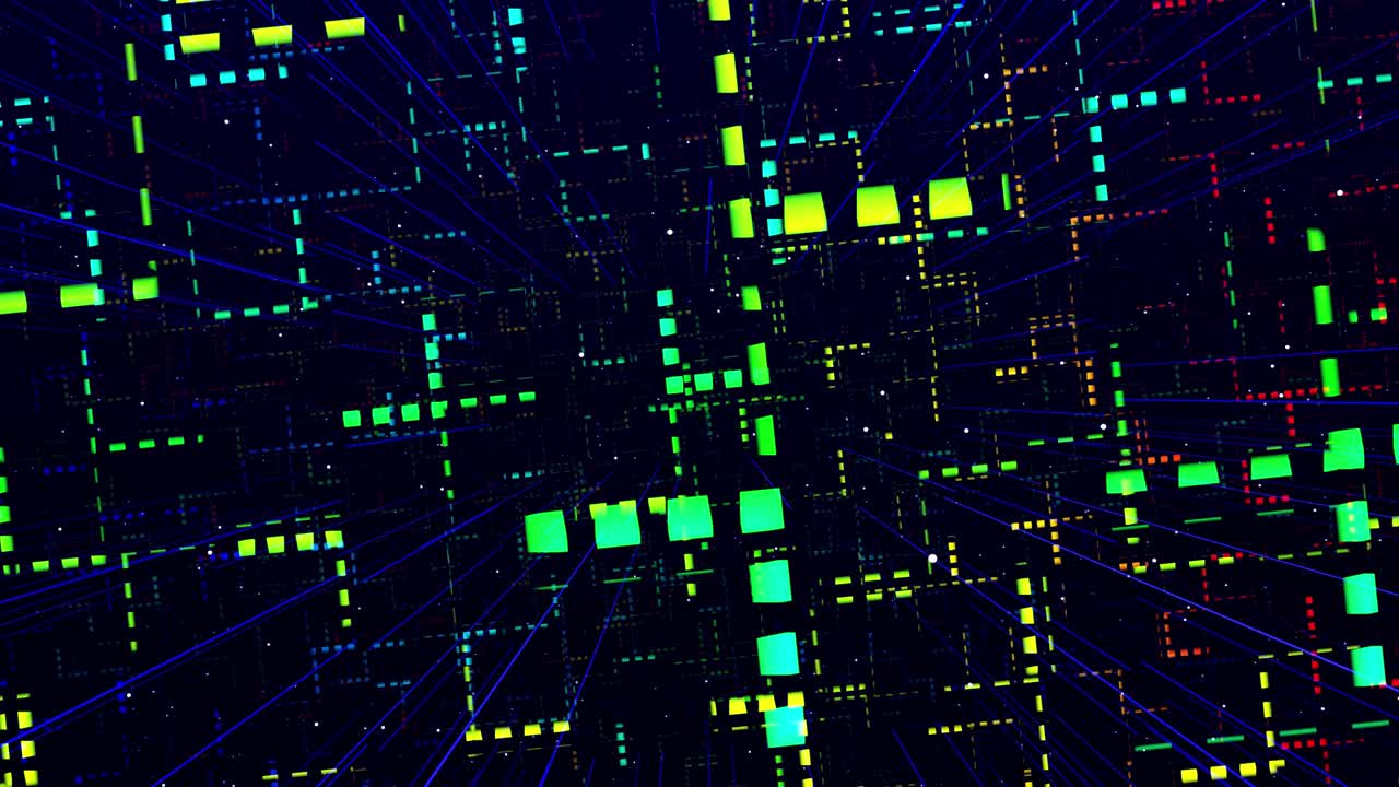 glow rectángulos, rayas y líneas. diseño de movimiento vj bucle. estructura 3d. gráfico de movimiento, cámara fly throungh espacio de arte abstracto, estructura multicapa con patrón y partículas. color gradiente arco iris