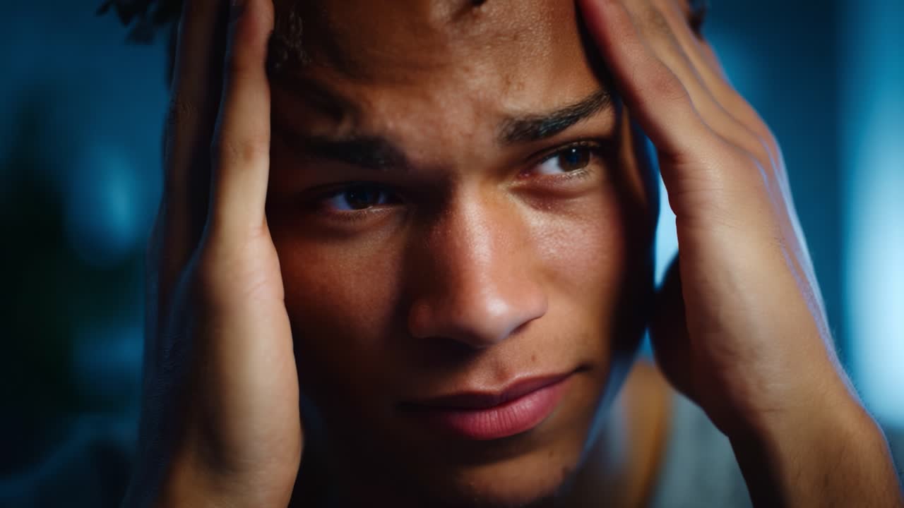 Emotional Struggle: A Young Man in Distress Reflects Inner Turmoil Expressed Through Powerful Facial Expressions and Body Language in a Somber Setting