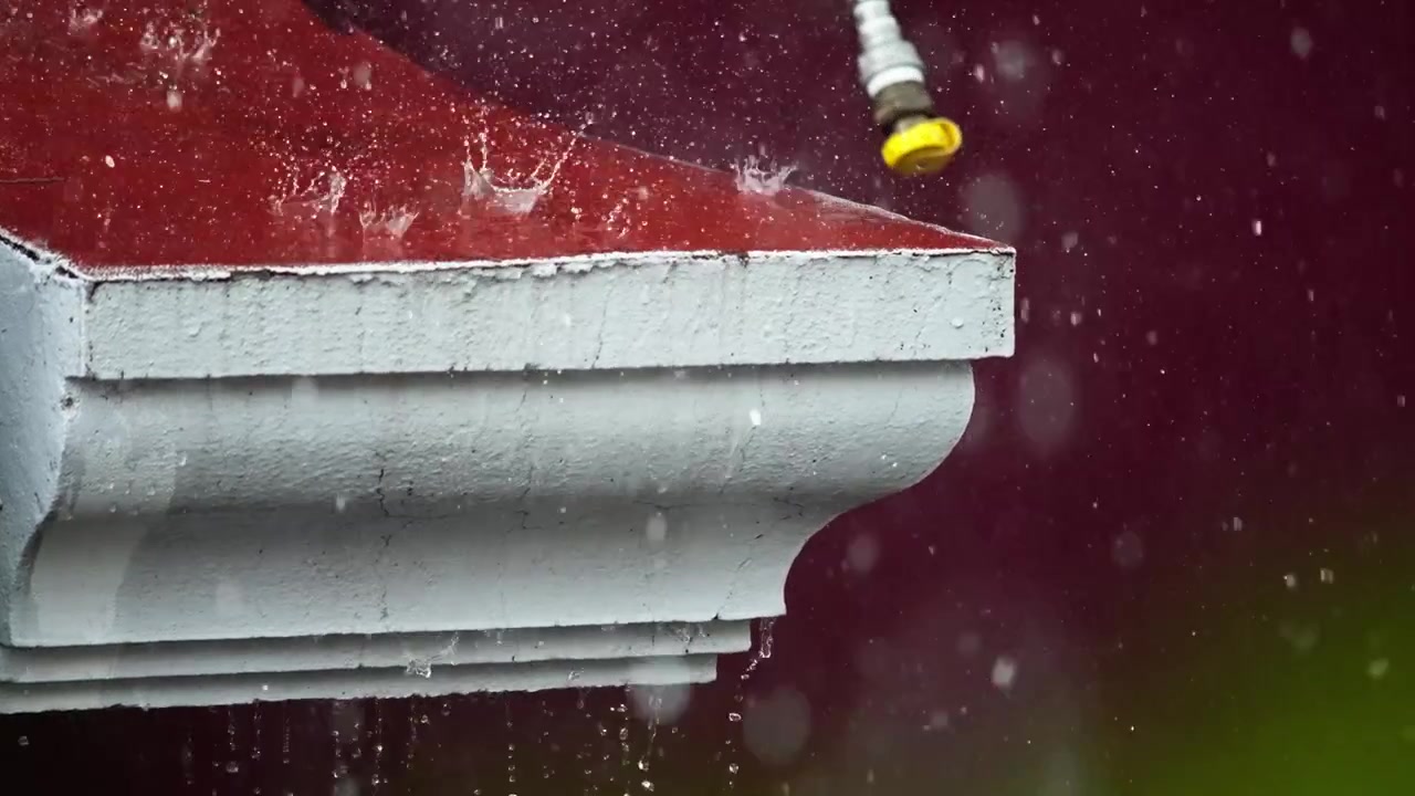Rainwater splashes from a red roof edge and white gutter during heavy rainfall, water droplets bounce and make insteresting foreground patterns