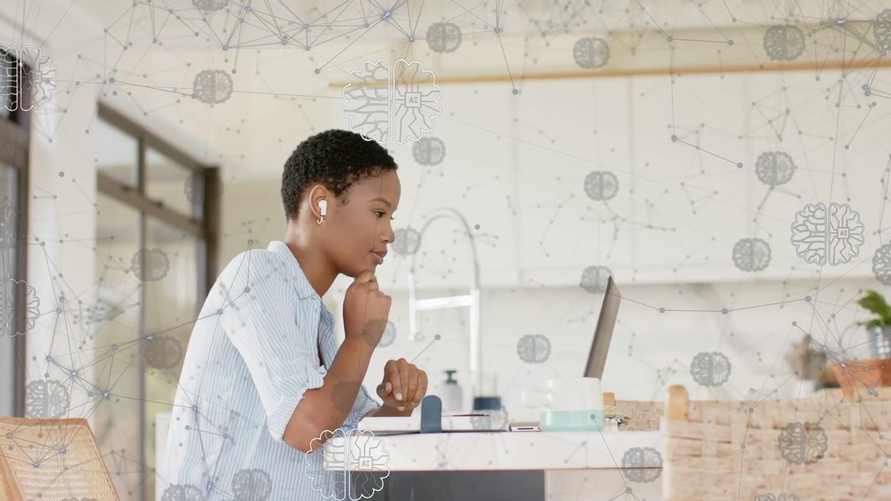 Woman island hearing earbud cue, shifting to laptop typing, network icons moving to aid remote work
