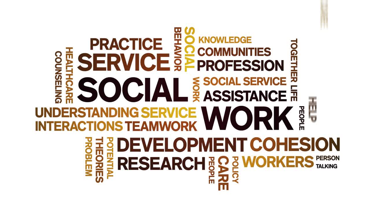 trabajo social animado etiqueta nube de palabras, diseño de texto animación bucle sin fisuras.