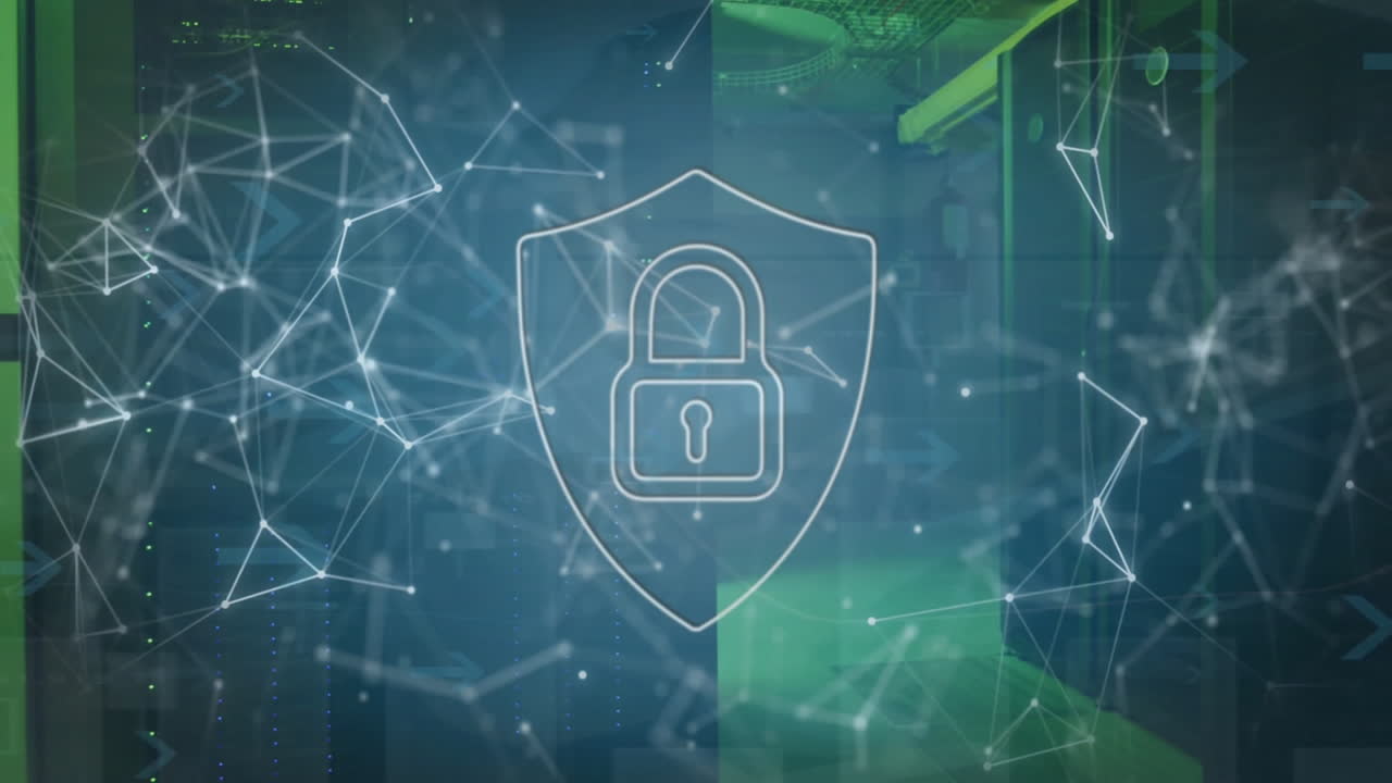 animación de formas y candado con escudo sobre la sala del servidor