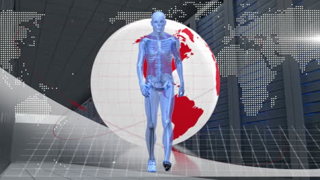 modelo humano caminando sobre el globo giratorio y el mapa del mundo contra la sala del servidor de la computadora