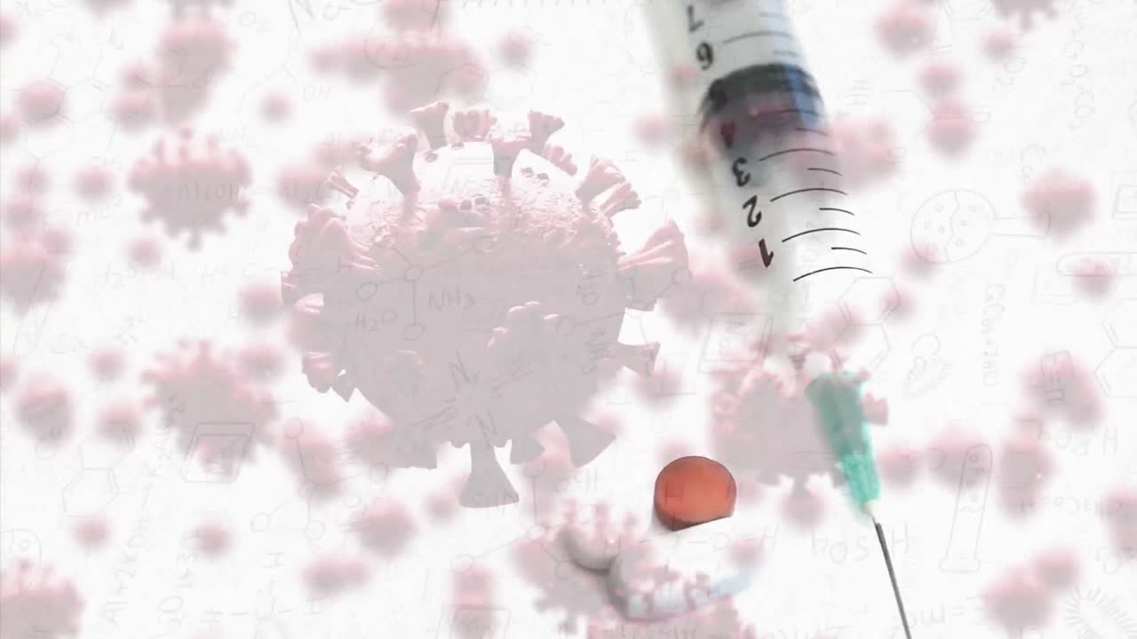 코로나19 세포의 디지털 구성은 주사기와 알약을 가로질러 화학 물질에 대해 회전합니다.