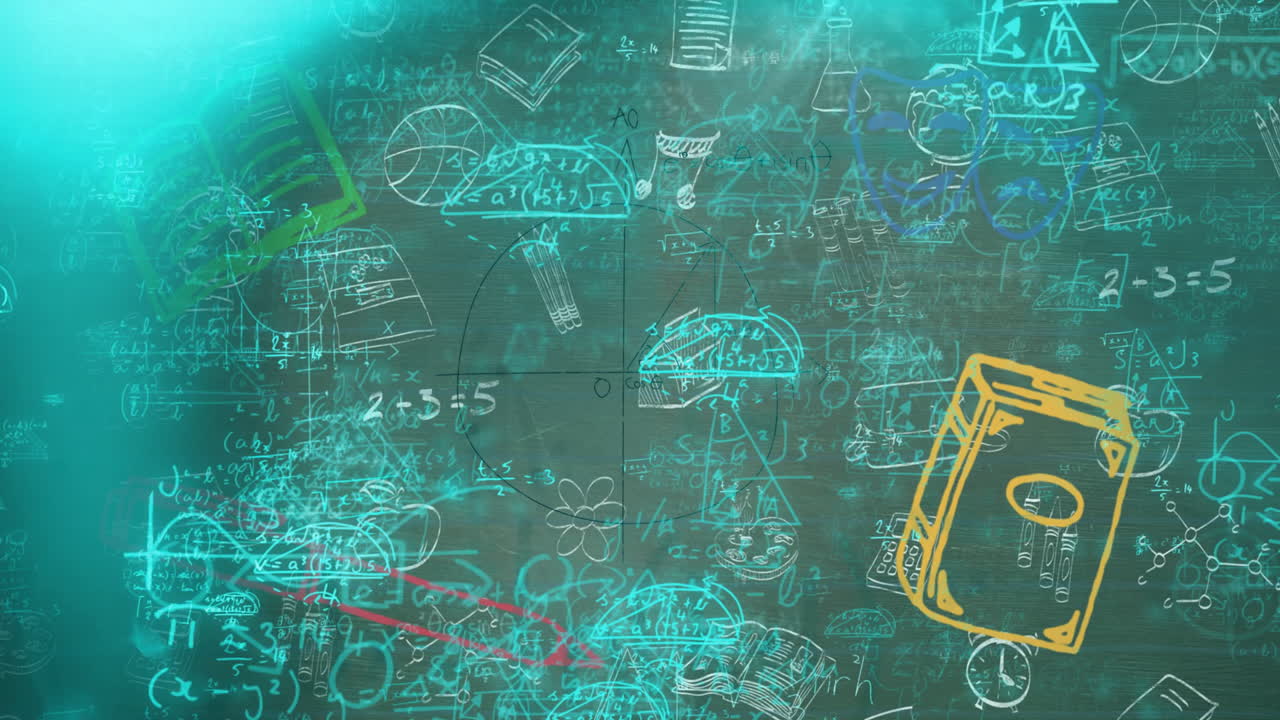 In school, chalkboard displaying colorful mathematical formulas and animation diagrams