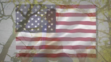 Bandera-Estadounidense-Ondeando-Contra-El-Padre-Que-Lleva-A-Su-Hijo-Sobre-Sus-Hombros.