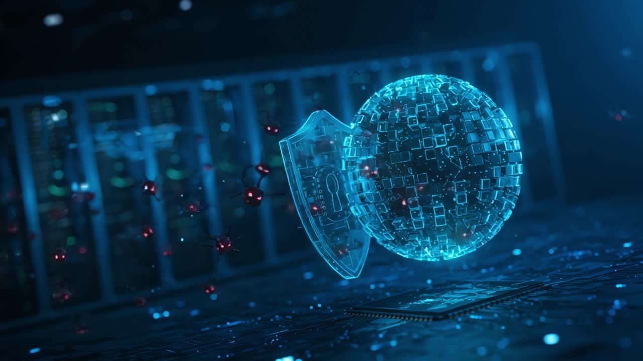Enhancing Digital Security: A Visual Representation of a Shielded Data Sphere Surrounded by Symbolic Threats in a Modern Technology Landscape