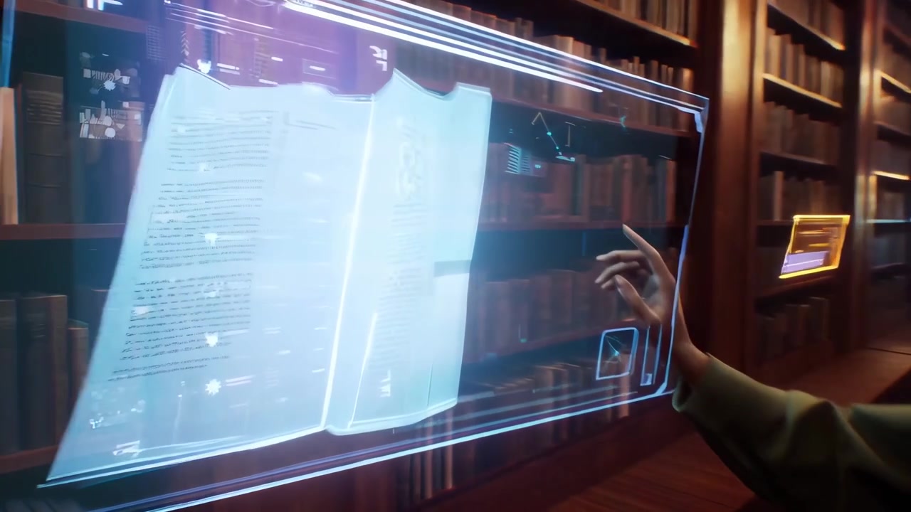 Woman Interacting with Holographic Displays in a Futuristic Library