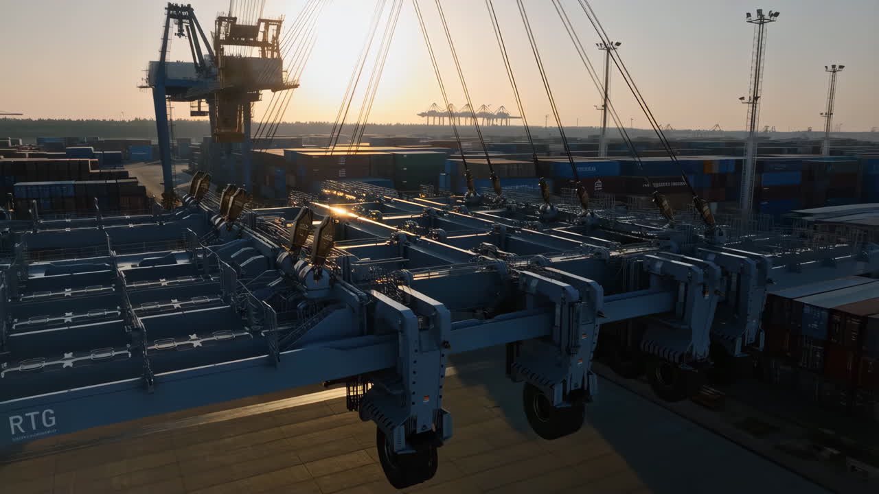 Container Crane Operations at a Shipping Port During Sunset