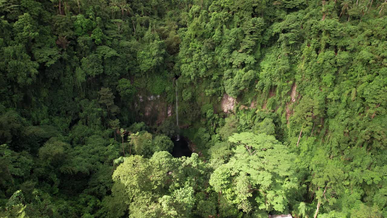 Flying Above Tropical Jungle and Hidden Waterfall. Katibawasan Falls, Camiguin Island, Philippines