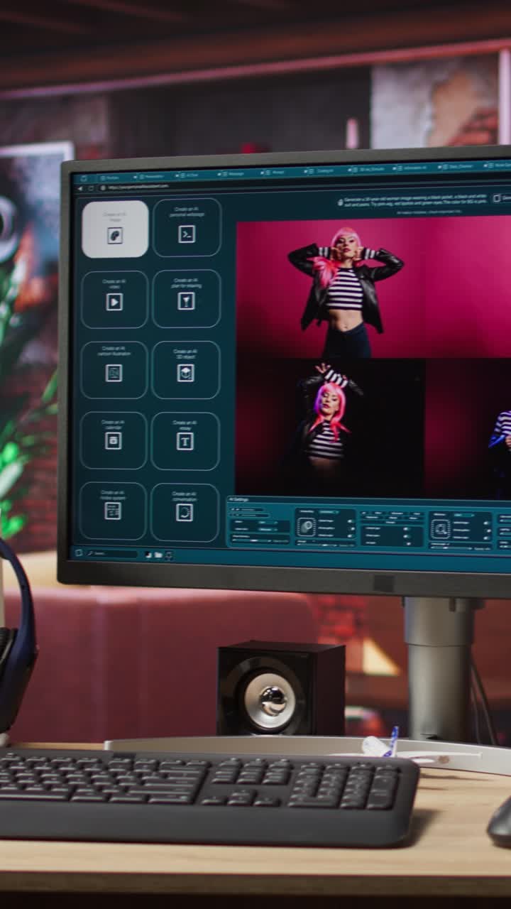 Vertical video Computer in home office showing program converting text prompts into photos