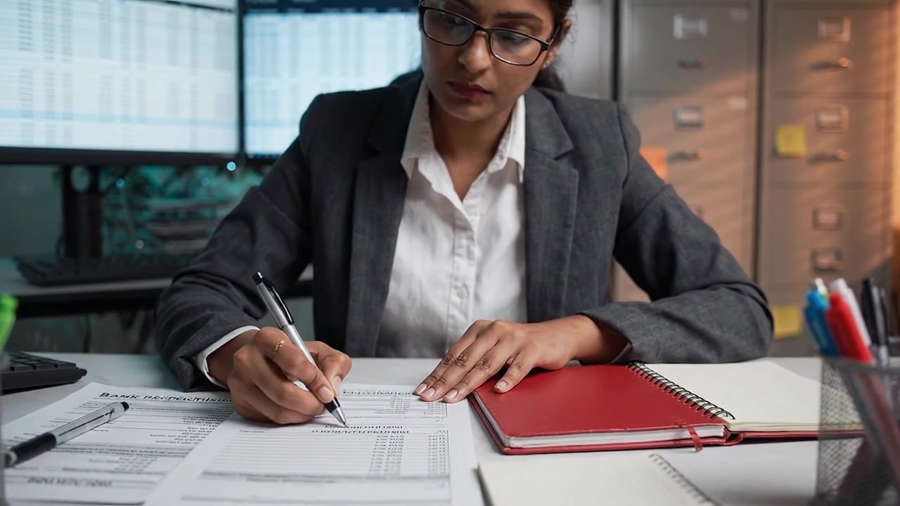 Profissional focado analisando relatórios financeiros e dados em um ambiente de escritório moderno com múltiplos monitores, cadernos e materiais de papelaria.