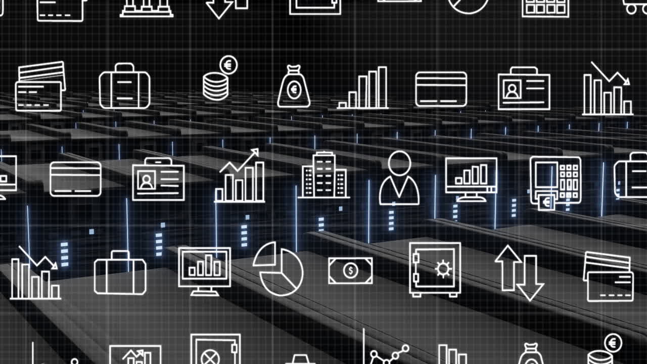 animación de una red de iconos digitales a través de servidores informáticos