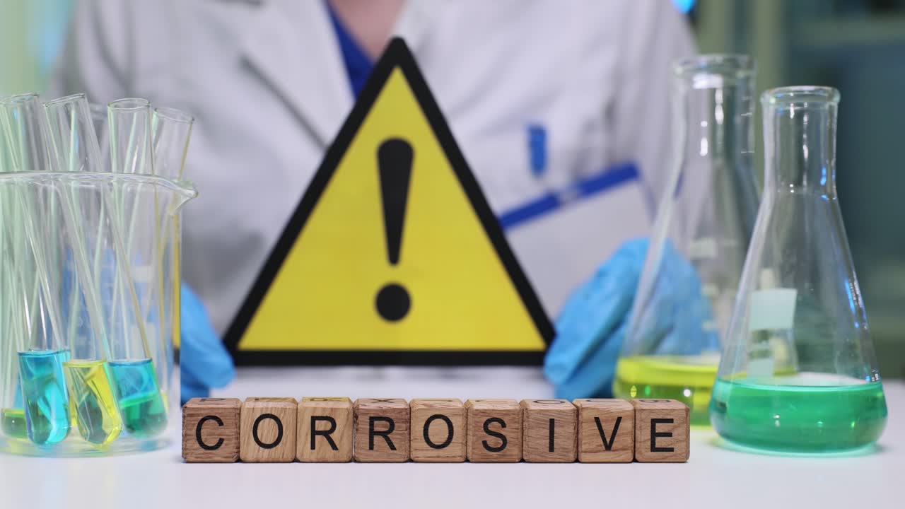 Wooden blocks spell word corrosive against lab risk sign