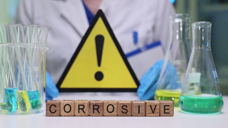 Wooden blocks spell word corrosive against lab risk sign