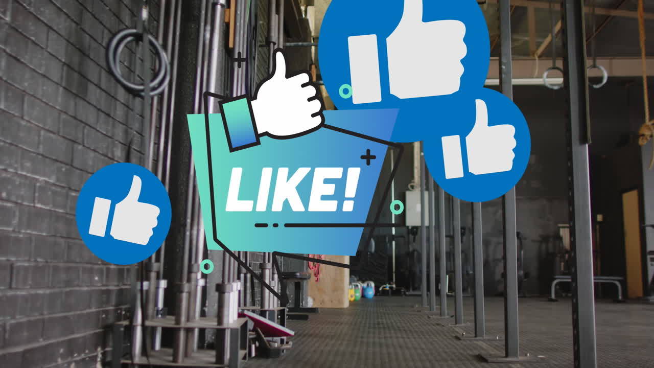 Animazione di testo "Mi piace" dei social media e icone del pollice in su sopra sbarre per trazioni e anelli da palestra in una palestra