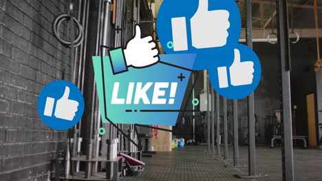 animation of social media like text and thumbs up icons over pull up bars and gym rings at gym