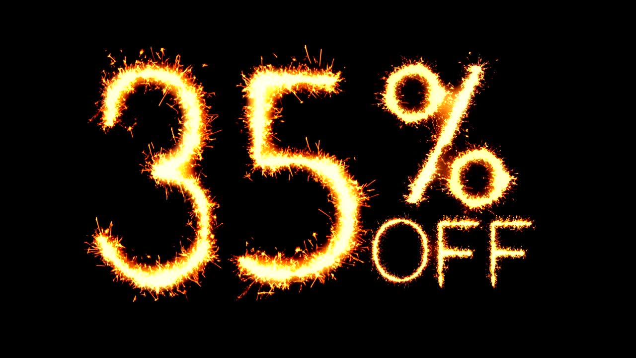 35% de descuento en texto, brillo, chispas, animación de bucle de fuegos artificiales