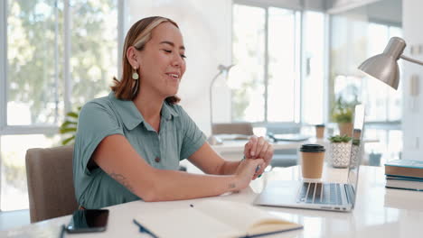 woman, laptop and video call in office with wave