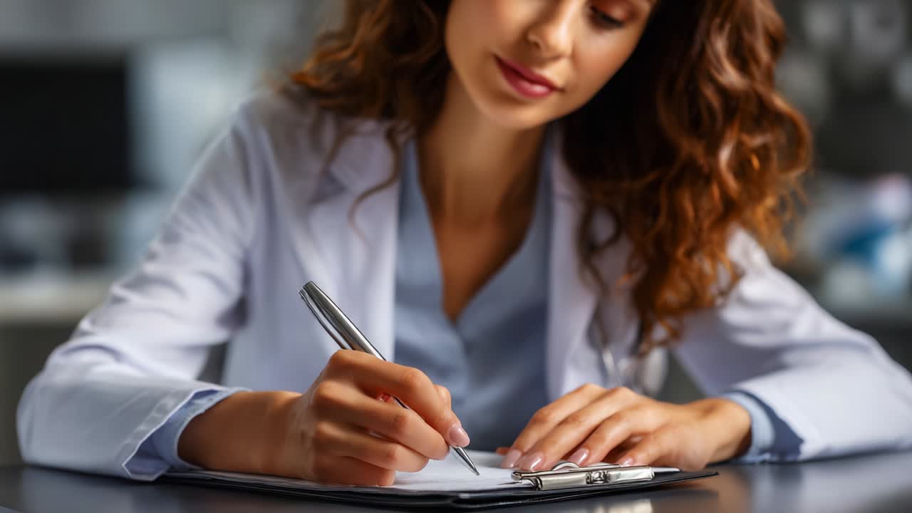 Focused Professional Writing with Attention: A Female Healthcare Provider Dedicating Time to Document and Record Important Information in a Clinical Setting, Reflecting Precision and Care in Her Work