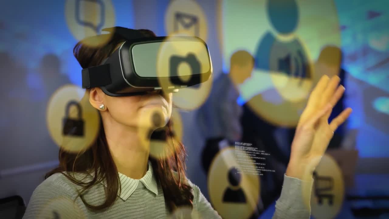 Animation of yellow icon with woman wearing VR headset