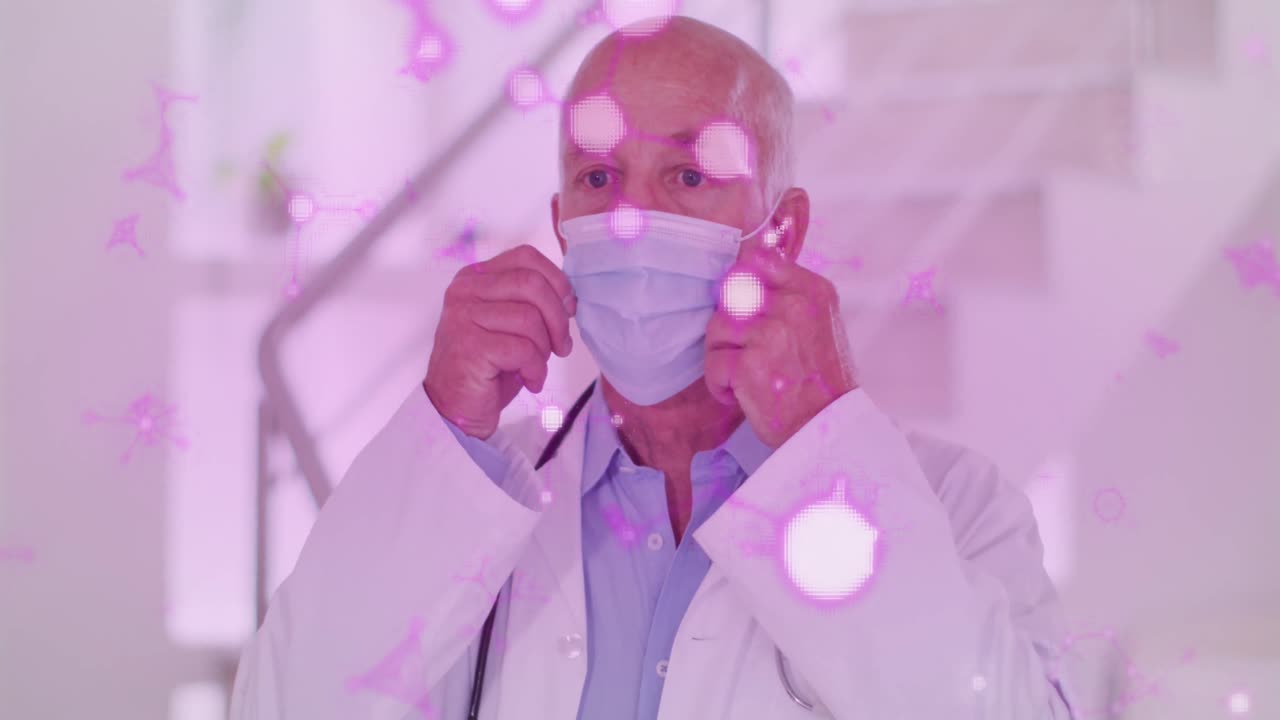얼굴 마스크를 쓴 백인 남성 의사 위의 모양의 애니메이션
