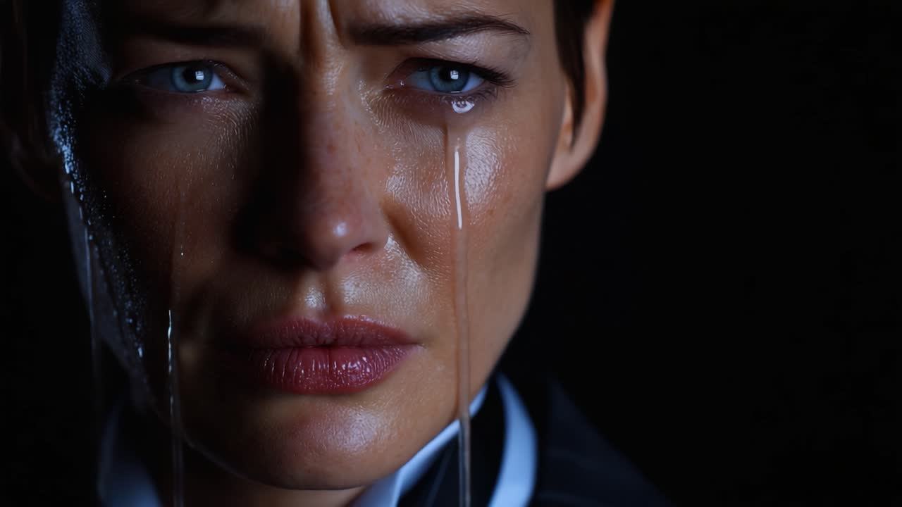 A Powerful Portrait of Emotion: A Woman with Tear-streaked Face Captured in Intimate Detail, Expressing Deep Vulnerability and Strength Against a Dark Background