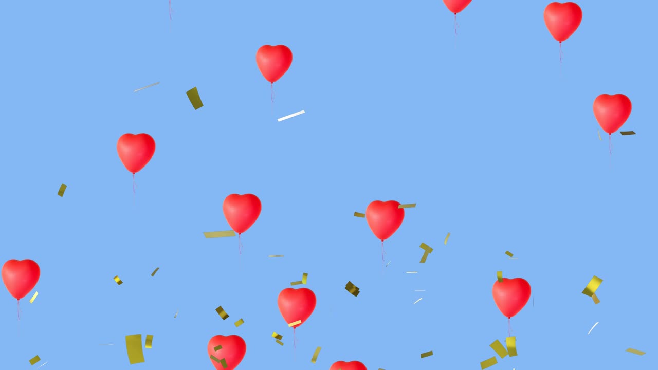파란색 배경에 떠다니는 여러 개의 심장 모양의 풍선 위에 떨어지는 콘페티