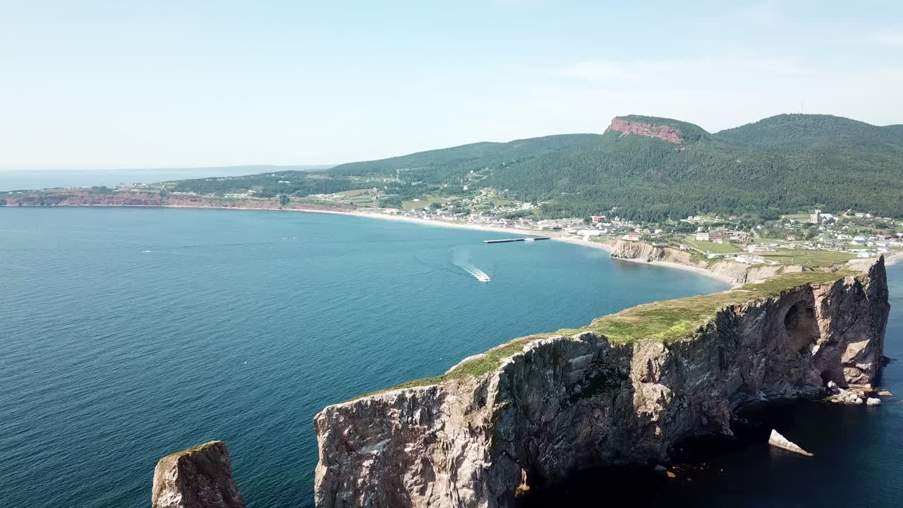 Perc&eacute; Rock in Gaspesie Quebec Canada aerial footage