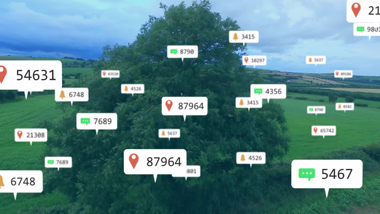 Large green tree visualizing in rural fields, displaying floating red pin chat notification icons