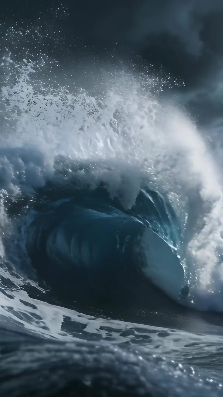 Vertical video: Surging blue wave curling and breaking in open sea with storm winds, spraying foam