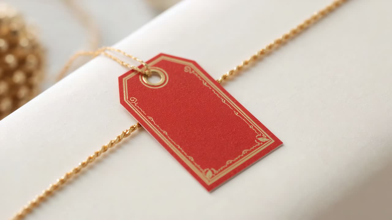 Shifting red gift tag tilting on white box, camera shifting focus to reveal gold chain