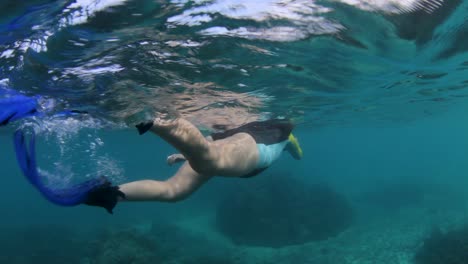 a girl in a swimming costume snorkelling in tropical waters while using an underwater camera