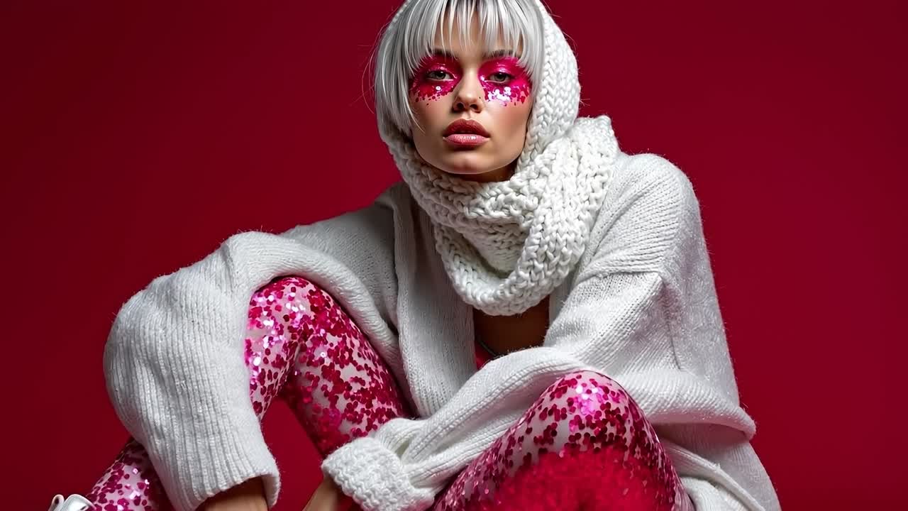A woman in a white sweater and pink leggings sitting on a red background