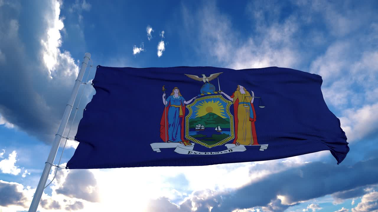 뉴욕의 발은 바람에 흔들리는 발 기둥에, 파란 하늘의 배경.