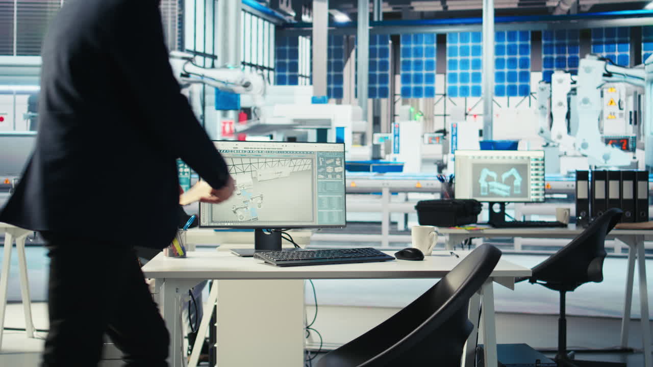 태양 전지 패널 공장 기술자는 컴퓨터 시레이션을 한 후 계획을 그립니다.