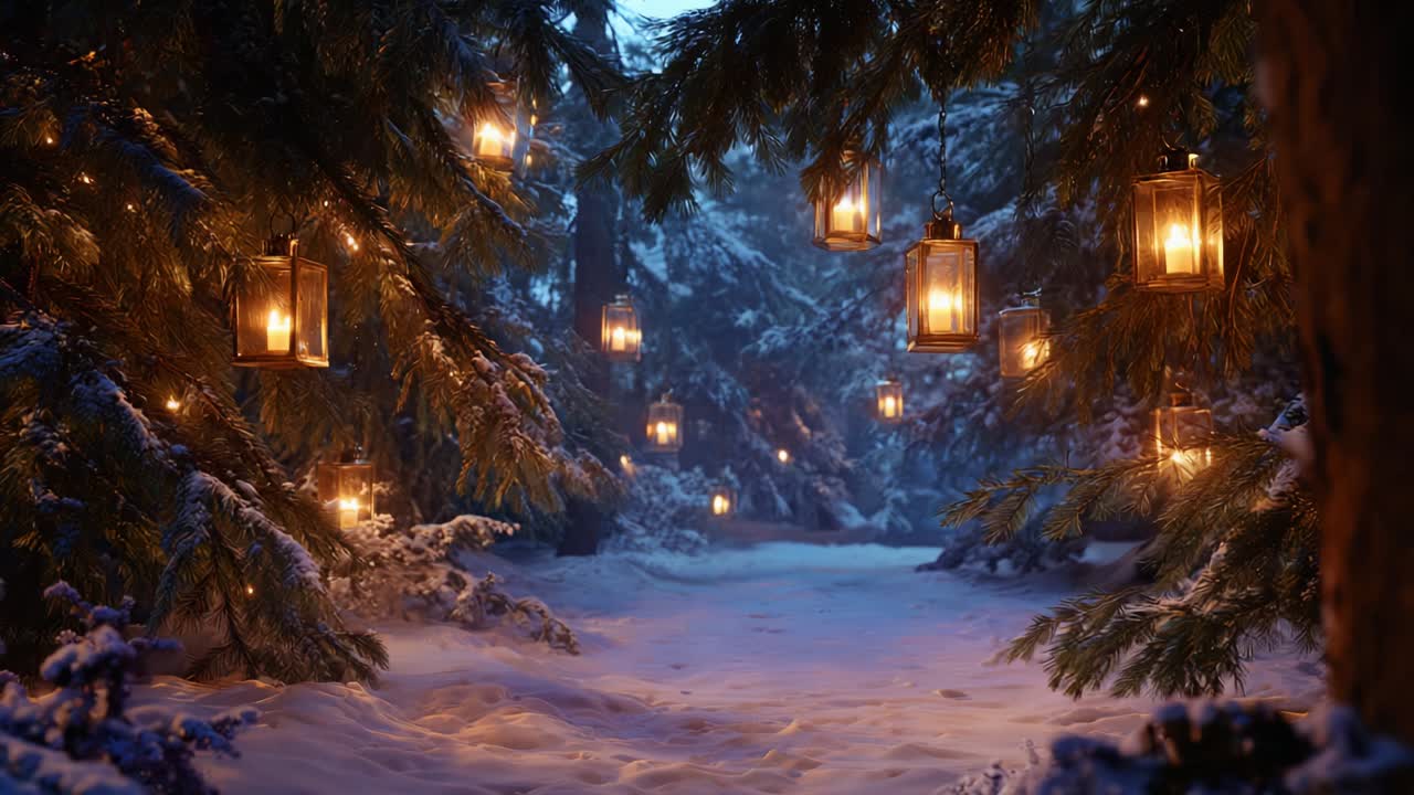 A Magical Winter Wonderland: Enchanted Forest Pathway Illuminated by Floating Lanterns, Surrounded by Snowy Pine Trees in an Ethereal Twilight Setting