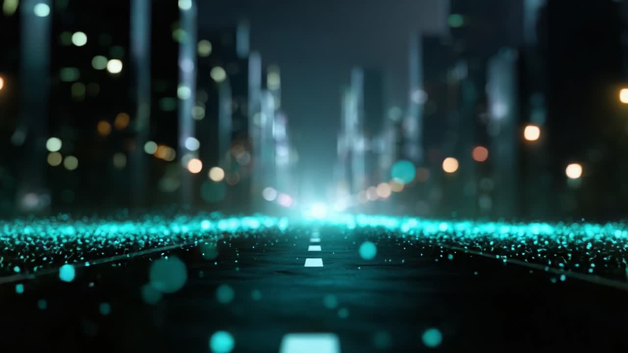 A mesmerizing view down a glowing urban street filled with vibrant turquoise lights, creating an enchanting atmosphere of a futuristic cityscape at night