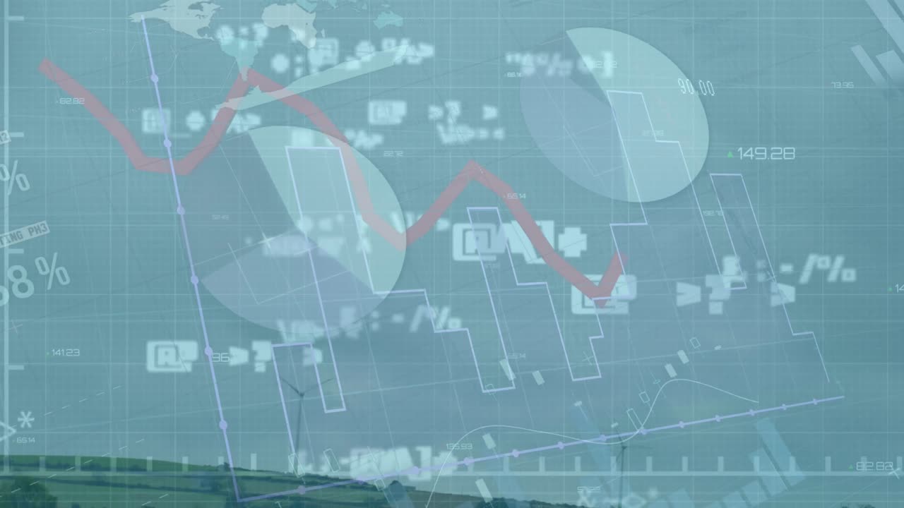 하늘을 배경으로 풍경에 여러 그래프, 기호, 숫자, 회전하는 풍차의 애니메이션