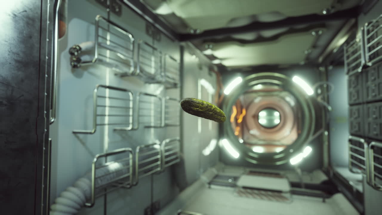pepino encurtido marinado flotando en la estación espacial internacional